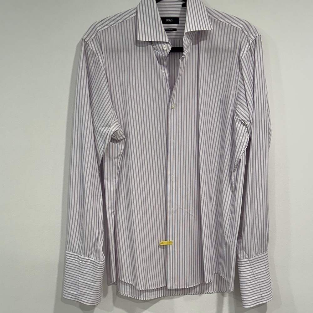 Hugo Boss Men's Dress Shirt - White and Lavender Stripes
